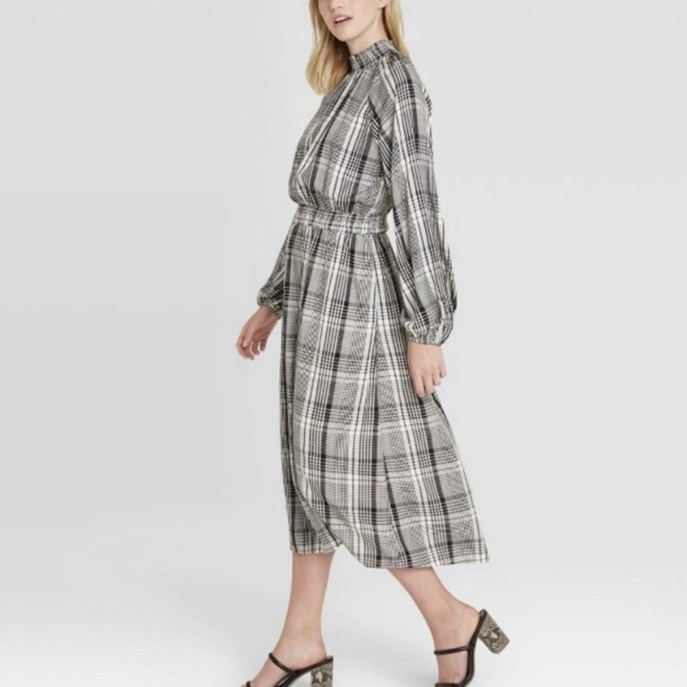 a new day Black and White Plaid Smocked Bishop Sleeve High Neck Midi Dress
